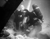 Art McKee and Fred Logan exploring the water's bottom in the Florida Keys - Plantation Key, Florida .