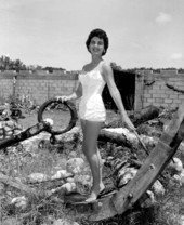 Jackie Sweeting poses on relics displayed outside the McKee's Museum of Sunken Treasure - Plantation Key, Florida