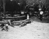 African American man and girl in an alligator pen