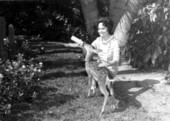 Smiling woman feeding fawn - Bonita Springs, Florida