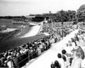 Spectators watching motorboat and water skiers at Cypress Gardens - Winter Haven, Florida
