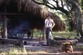 View showing a Florida cowboy in an 1876-era cow camp during a living history demonstration at Lake Kissimmee State Park - Lake Wales, Florida.