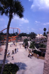 View showing visitors at the Busch Gardens amusement park in Tampa, Florida.