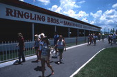 View showing visitors walking by a Circus World theme park building - Orlando, Florida.