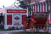 View of wagon and sign at the Circus World theme park in Orlando, Florida.
