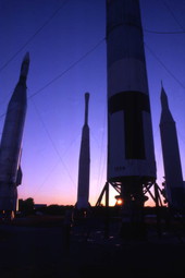 View of rockets in the "Rocket garden" at the Kennedy Space Center - Merritt Island, Florida.