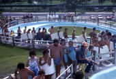 View showing visitors in line at the Shipwreck Island Waterpark "Zoom Flume" water slide attraction located at 12201 Middle Beach Road in Panama City Beach, Florida.
