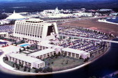 Aerial view overlooking Disney's Contemporary Resort hotel at the Magic Kingdom in Orlando, Florida.