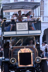View of a double-decker bus at the Magic Kingdom in Orlando, Florida.