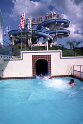View showing a corkscrew water slide at the Wet 'n Wild theme park in Orlando, Florida.