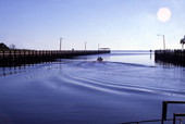 View showing boat heading out from the docks at Apalachicola, Florida.