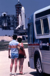 Tourists viewing space shuttle at the Kennedy Space Center on Merritt Island near Titusville, Florida.