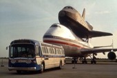 Space shuttle displayed on the back of a shuttle carrier Boeing 747 aircraft at the Kennedy Space Center on Merritt Island near Titusville, Florida.