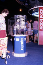 Visitor viewing lunar samples from the Apollo Project at the Kennedy Space Center on Merritt Island near Titusville, Florida.