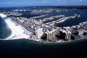 Aerial view looking over the southern end of Clearwater Beach, Florida.