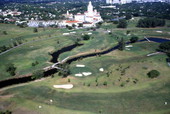 Aerial view looking north over the Miami Biltmore Hotel and Country Club in Coral Gables, Florida.