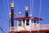 View showing the pilot house aboard the "Dixie Queen" paddle steamer.