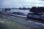View showing an Amtrak locomotive approaching the train station in Ft. Lauderdale, Florida.