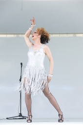 Drag performer Crystle Chambers on stage during the Polk Pride in the Park celebration - Lakeland, Florida.
