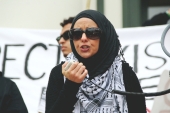 Activist Morgan Flake speaking during FSU protest at the State Capitol.