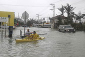 Men kayaking in flood waters on Flagler Avenue - Key West, Florida.