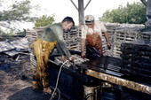 Captain Roche and mate Clyde Carey dipping a lobster trap in creosote - Stock Island, Florida