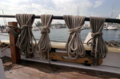 View of assorted ropes secured on board the historic "Western Union" schooner - Key West, Florida