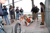 Brandon Baughman talking about his bike to custom bike builder Billy Lane at Boardwalk Chopper and Custom Bike Show
