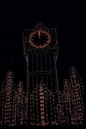 Clock tower float in the Main Street Electrical Parade at the Magic Kingdom - Orlando, Florida.