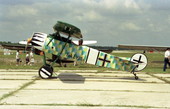 Replica WWI Fokker bi-plane fighter taxiing for take-off during the EAA Fly-In at the Lakeland airport.