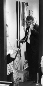 Rep. Bobby Brantley uses the phone in a utility closet - Tallahassee, Florida.