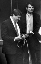 Senator George Stuart with Rep. Bill Bankhead with a leather whip - Tallahassee, Florida.