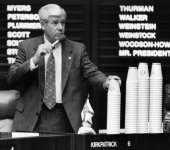 Senator George Kirkpatrick speaks about using environmentally safe cups for legislators' coffee - Tallahassee, Florida.