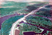 Aerial view showing highway crossing the Suwannee River near Old Town, Florida.