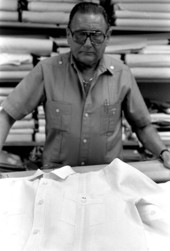 Ramon Puig with men's guayabera shirt he made - Miami, Florida.