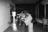 Kathy Leventhal (L) and Sumino McGlamory observe as Atsuko Lefcourte makes Ikebana floral arrangement- Palm Beach, Florida.