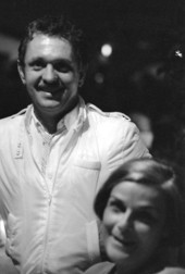 Venezuelan harp player Jesus Rodriguez posing with aFernandez De Bull restaurant patron- Naples, Florida