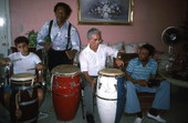 Florencio Baro teaching his apprentices the rhythms of bembe