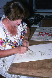 Margaret Horvath drawing a Hungarian embroidery pattern- Port Orange, Florida