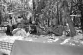 Toymaker Dennis Henry, right, and Luther Rozar playing with toys at the 1987 Florida Folk Festival - White Springs, Florida