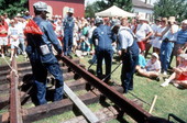 Gandy dancers show how sections of track were realigned
