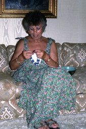 Helen Scharf crocheting Kippot - North Miami Beach, Florida.