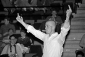 Member of audience shows displeasure towards Jerry Falwell - Tallahassee, Florida.