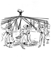 Sketch of people using a May Pole by Bill Simpson