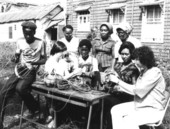 Folklorists Merri Belland and Peggy Bulger lead a weaving class in Jamaica- Jamaica