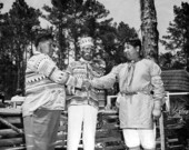 Seminole Indians Billy Osceola and Billy Bowlegs III with Creek Indian painter Fred Beaver at the 1954 Florida Folk Festival - White Springs, Florida
