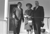 Unidentified men and woman cutting ribbon at the opening ceremonies for Kingsley Plantation State Park - Jacksonville, Florida.