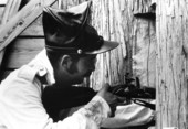 Park ranger Bob Rahberg dressed as a Second Seminole War soldier at Hillborough River State Park - Hillsborough County, Florida