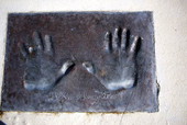 Close-up view showing the handprints of astronaut Deke Slayton in Space View Park near the U.S. Space Walk of Fame Museum in Titusville, Florida.