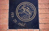Close-up view showing Mercury 6 mission logo carved in black granite at Space View Park near the U.S. Space Walk of Fame Museum in Titusville, Florida.